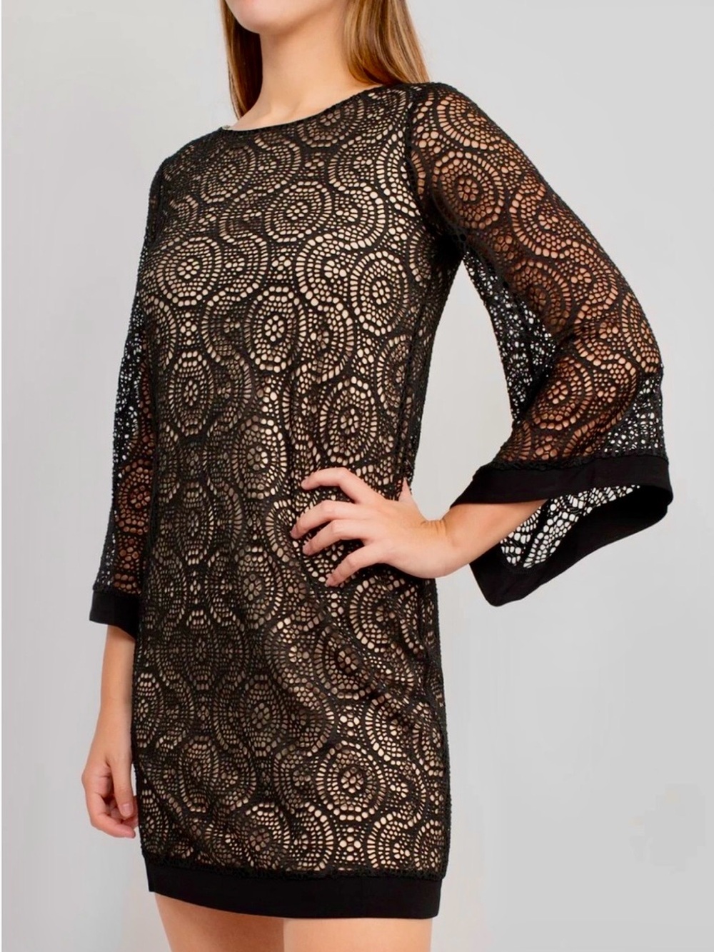 Emma & Michele Navy Crochet Overlay with Taupe Lining and Flared Sleeves
